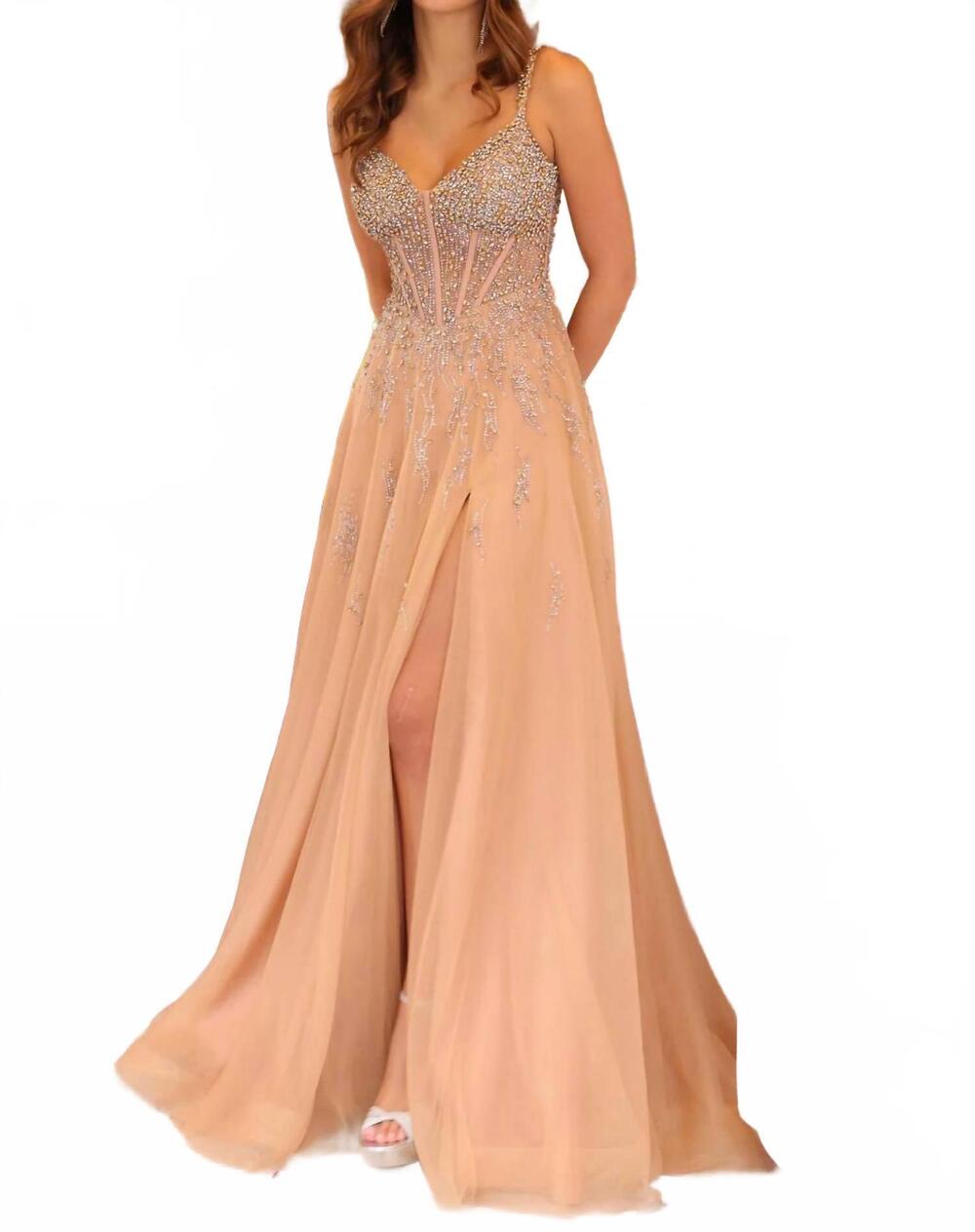 NEW AVA PRESLEY beaded a-line ballgown in nude/gold